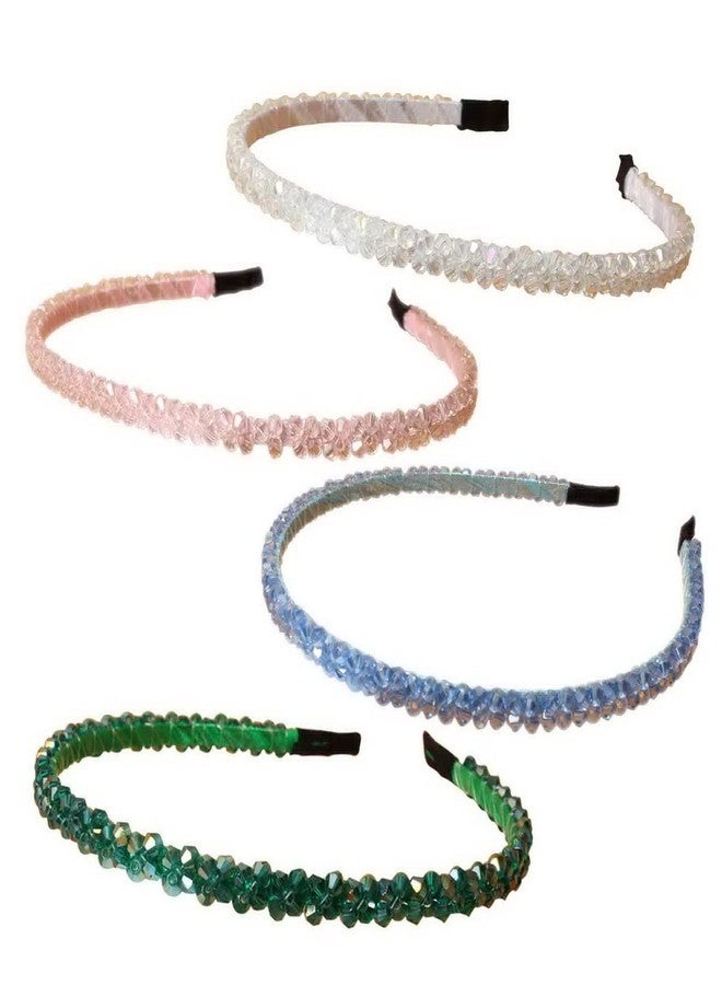 Cuizhiyu 4 PK Crystal Rhinestone Headbands for Women Girls Double Rows Sparkly Beaded Hair Hoops Pink Weave Narrow Hair Bands Hair Accessories (Color B) - Image 1
